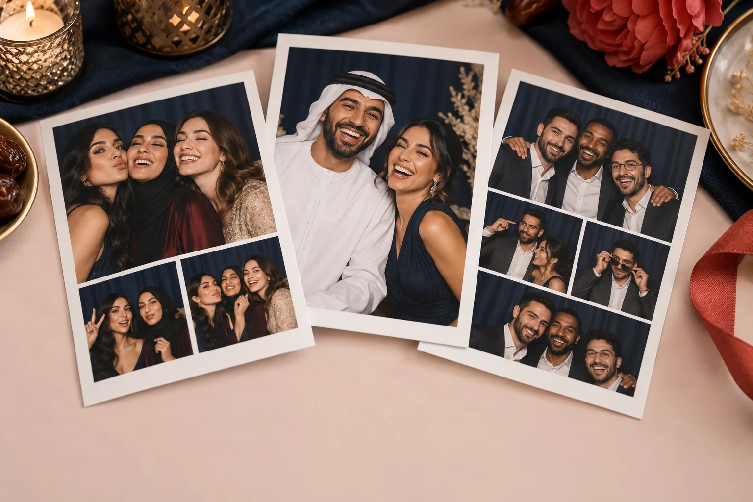 Illustrative collage of printed photo booth portraits