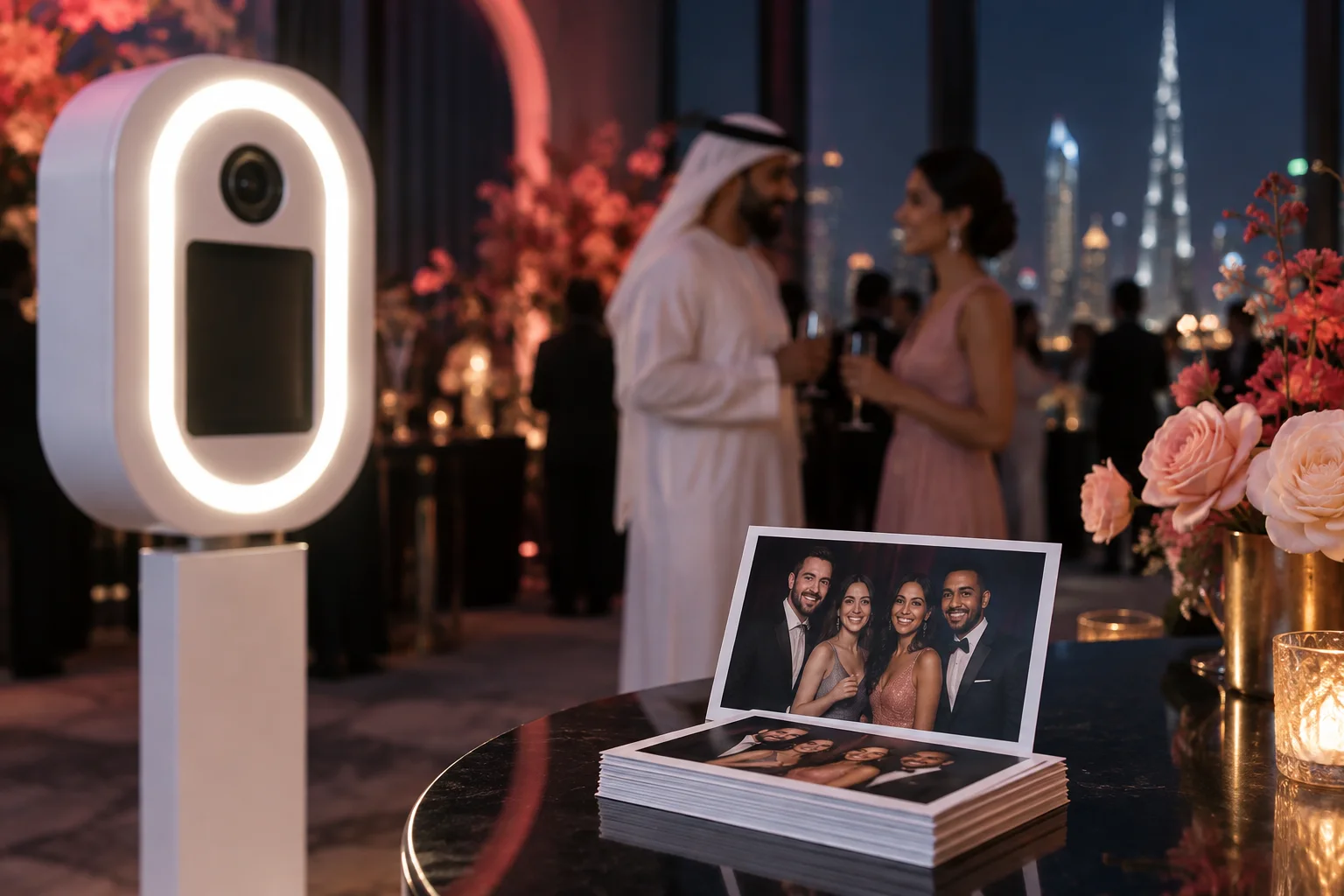 Illustrative photo booth and fresh photo prints at an event